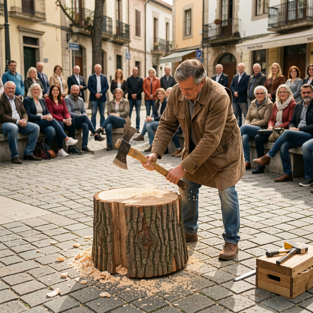 Aizkolari cortando un tronco de madera con un hacha sobre una plaza de adoquines ante espectadores sentados