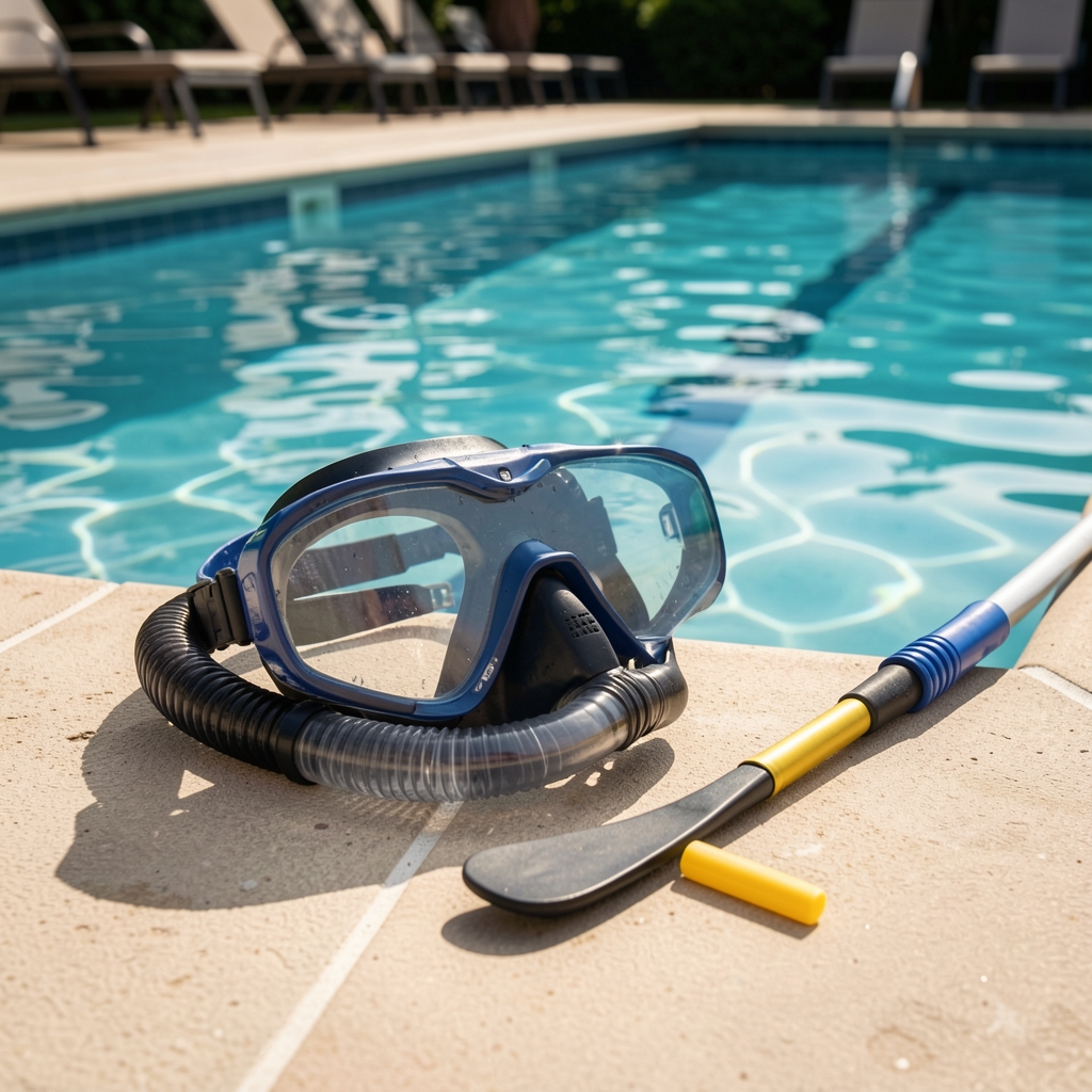 Aletas, máscara, tubo y stick corto de hockey subacuático dispuestos junto al borde de una piscina cubierta