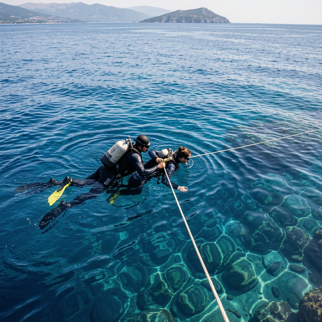 Apneísta descendiendo junto a una cuerda guía en aguas azules y transparentes del Mediterráneo