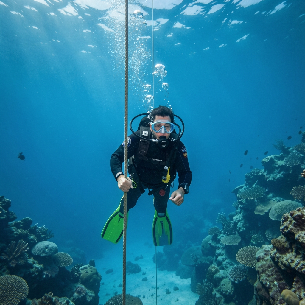 Buceador en apnea descendiendo junto a una cuerda guía vertical en aguas azules transparentes
