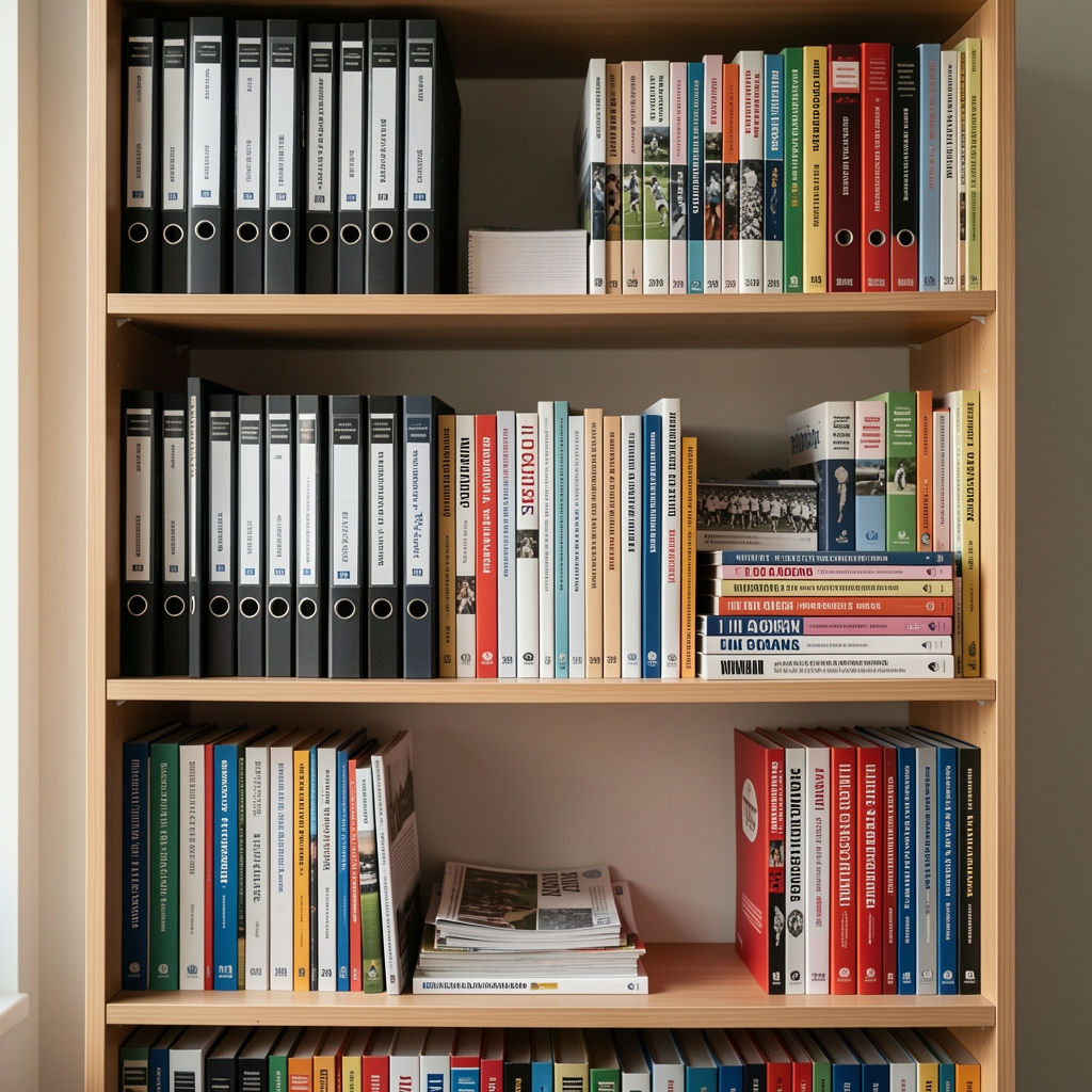 Estantería con carpetas de archivo, libros de historia del deporte y revistas federativas ordenadas por años