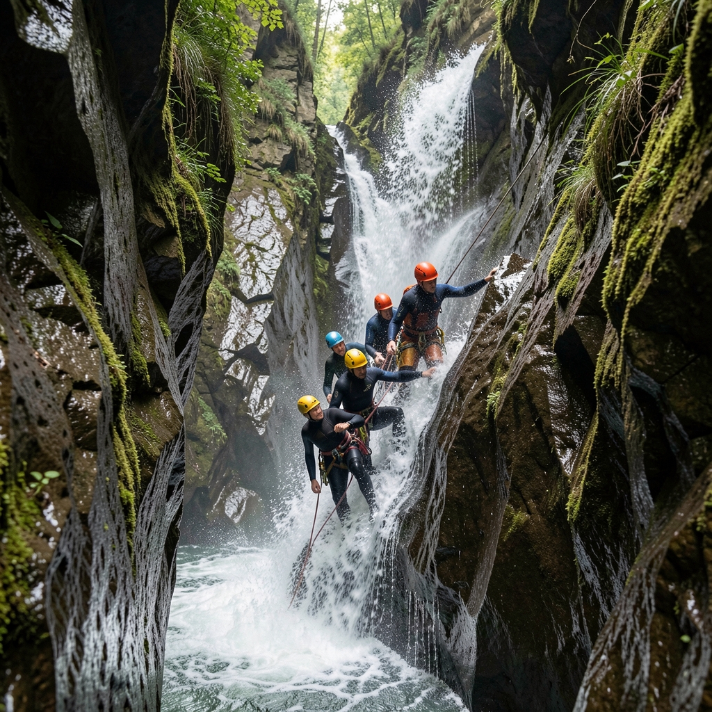 Grupo de barranquistas con neopreno y casco descendiendo por una cascada en una garganta estrecha de roca húmeda