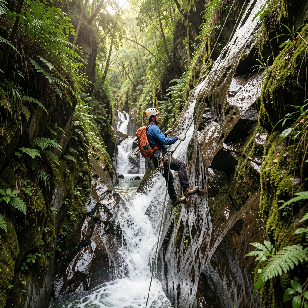 Barranquista descendiendo en rápel por una cascada de roca húmeda en un cañón estrecho cubierto de vegetación