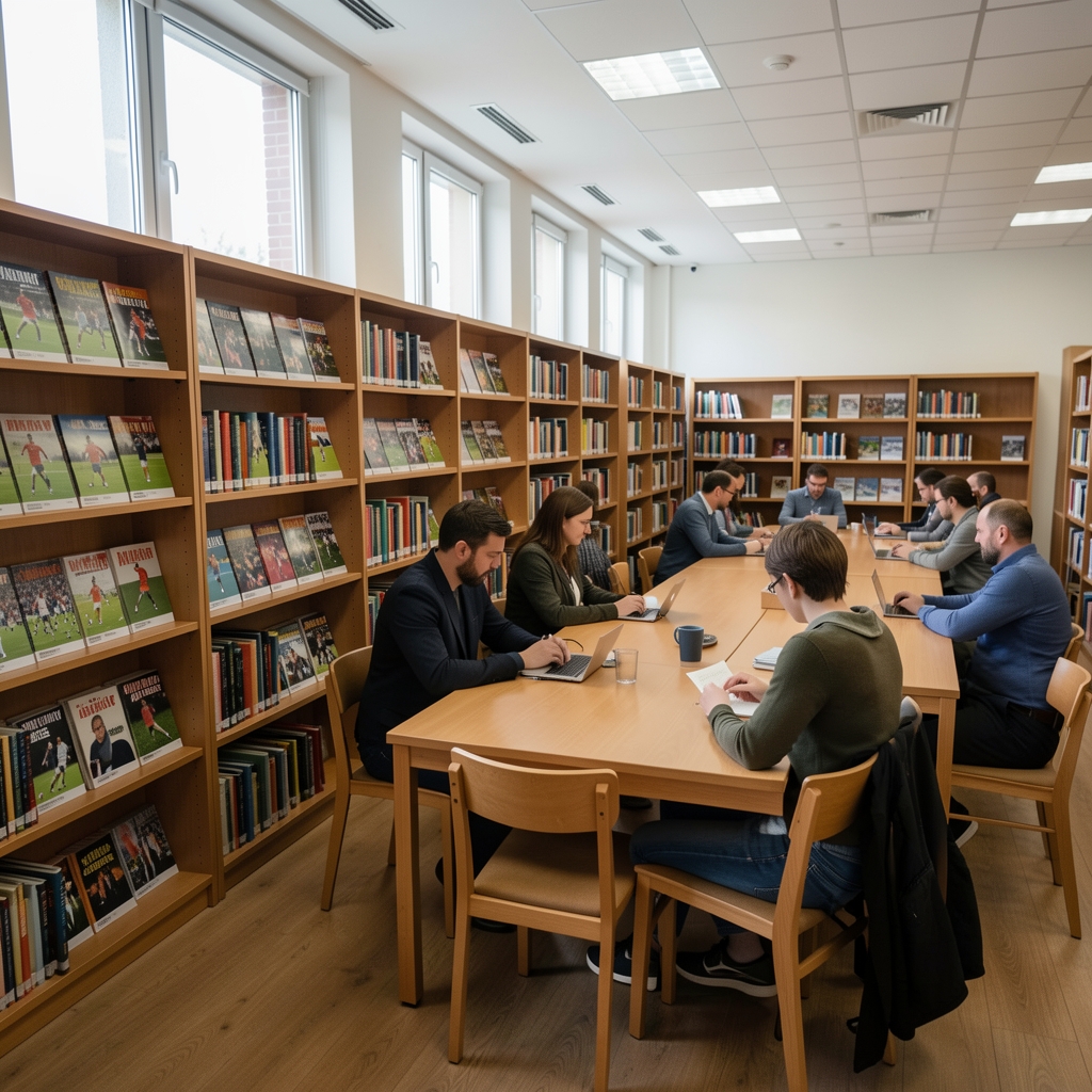 Sala de lectura de una biblioteca con estanterías de revistas de deporte y lectores sentados en mesas largas