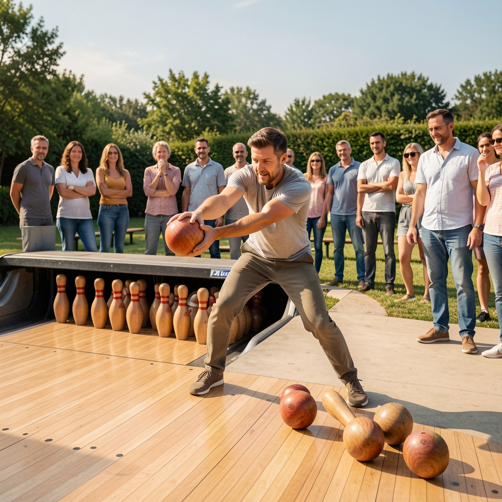 Jugador lanzando una bola de madera en una bolera de aire libre con bolos de madera alineados y vecinos mirando
