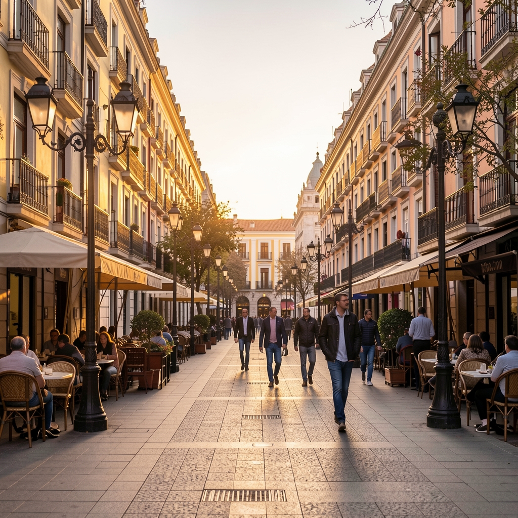 Calle peatonal del centro de Madrid con terrazas, farolas y personas paseando al atardecer