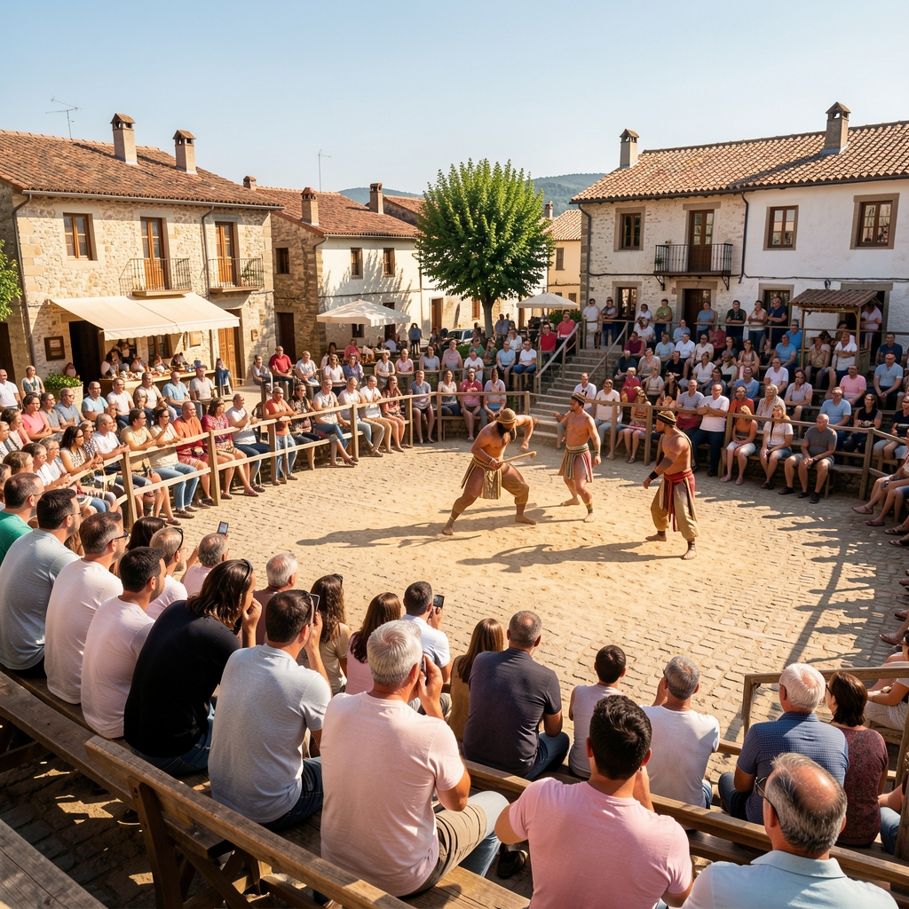 Público sentado en gradas de madera observando un campeonato de lucha tradicional en una plaza de pueblo en verano