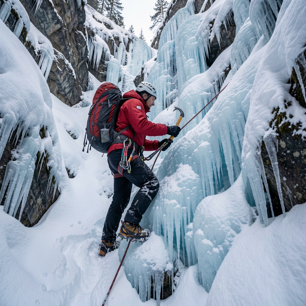 Escalador con piolets y crampones ascendiendo una cascada helada de color azul en un barranco invernal
