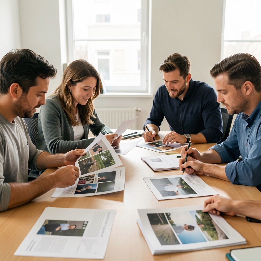 Cuatro miembros de un equipo editorial revisando fotografías impresas y notas en una reunión de trabajo