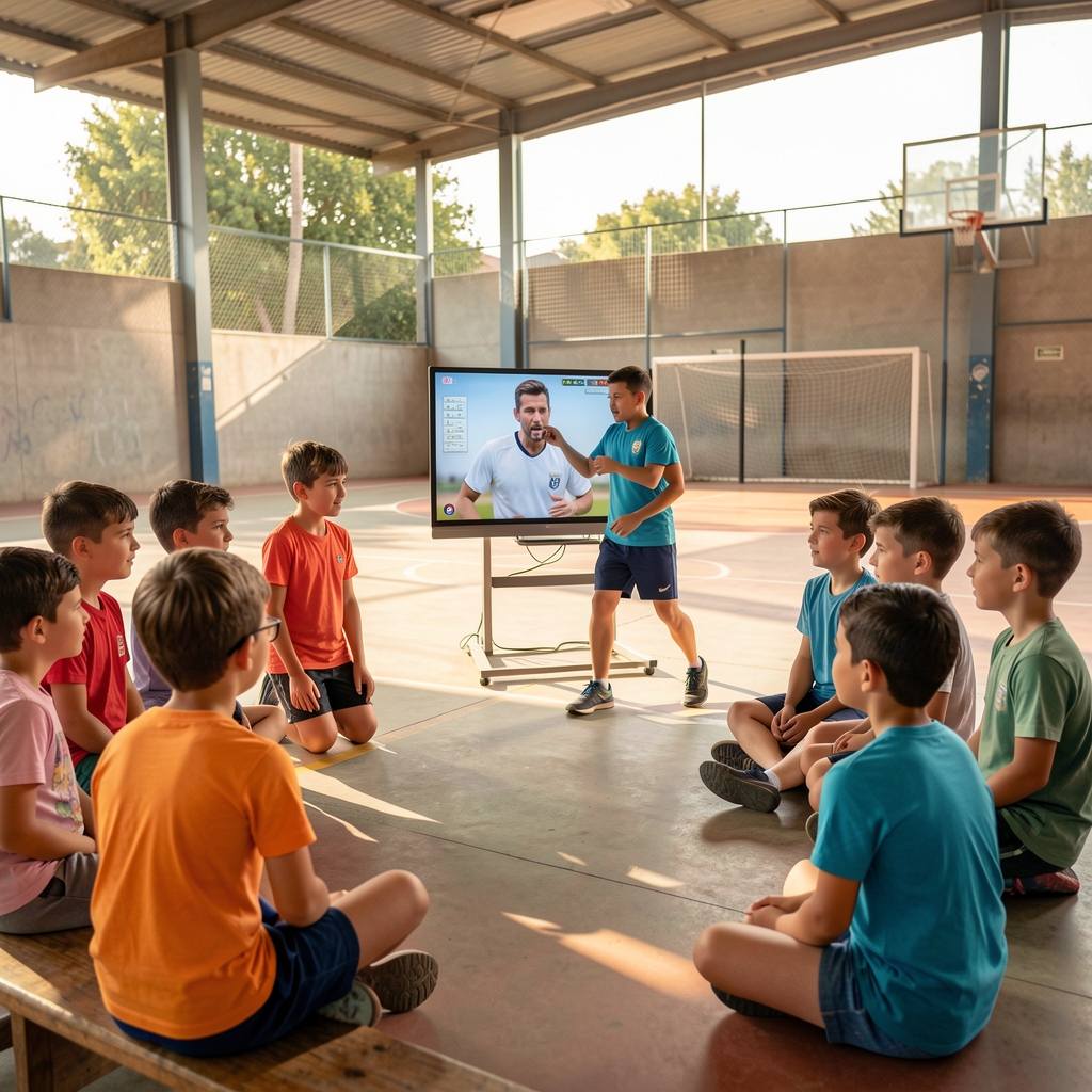 Monitor deportivo explicando una técnica a un grupo de niños en un polideportivo con luz natural