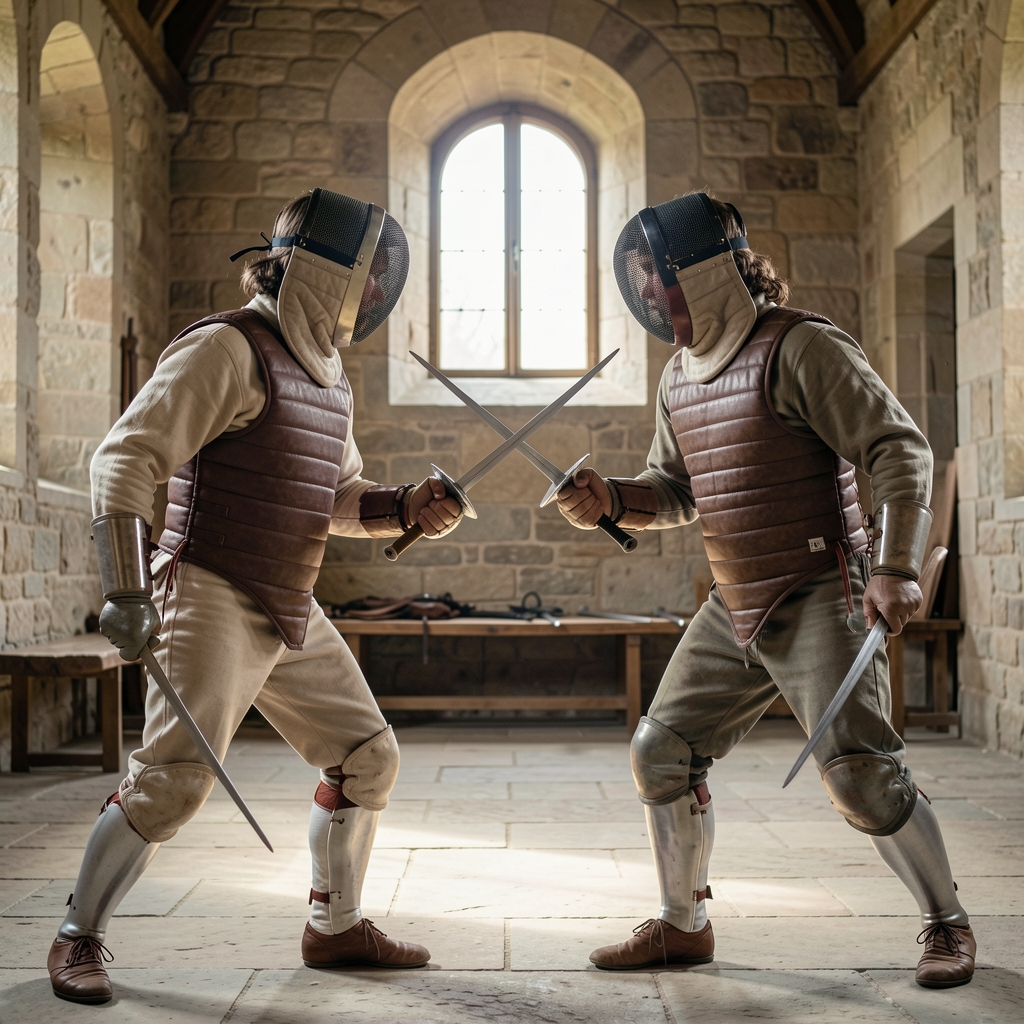 Dos practicantes de esgrima histórica con petos acolchados y máscaras enfrentándose en una sala de piedra