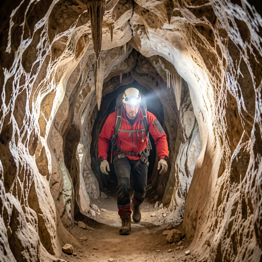 Espeleólogo con casco y linterna frontal avanzando por una galería de roca caliza iluminada en una cueva