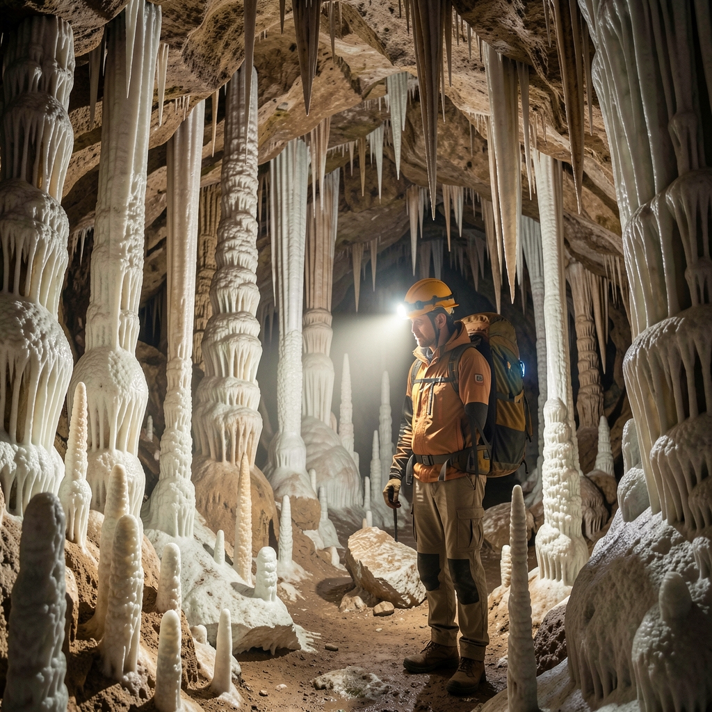 Explorador con casco iluminando una sala de cueva repleta de estalactitas y columnas de calcita
