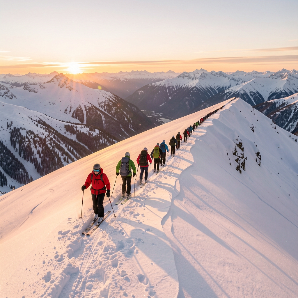 Esquiadores de travesía ascendiendo en fila por una cresta nevada al amanecer con montañas al fondo