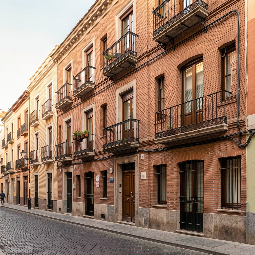 Fachada de un edificio de ladrillo y balcones de hierro en una calle tranquila del barrio de Malasaña, Madrid
