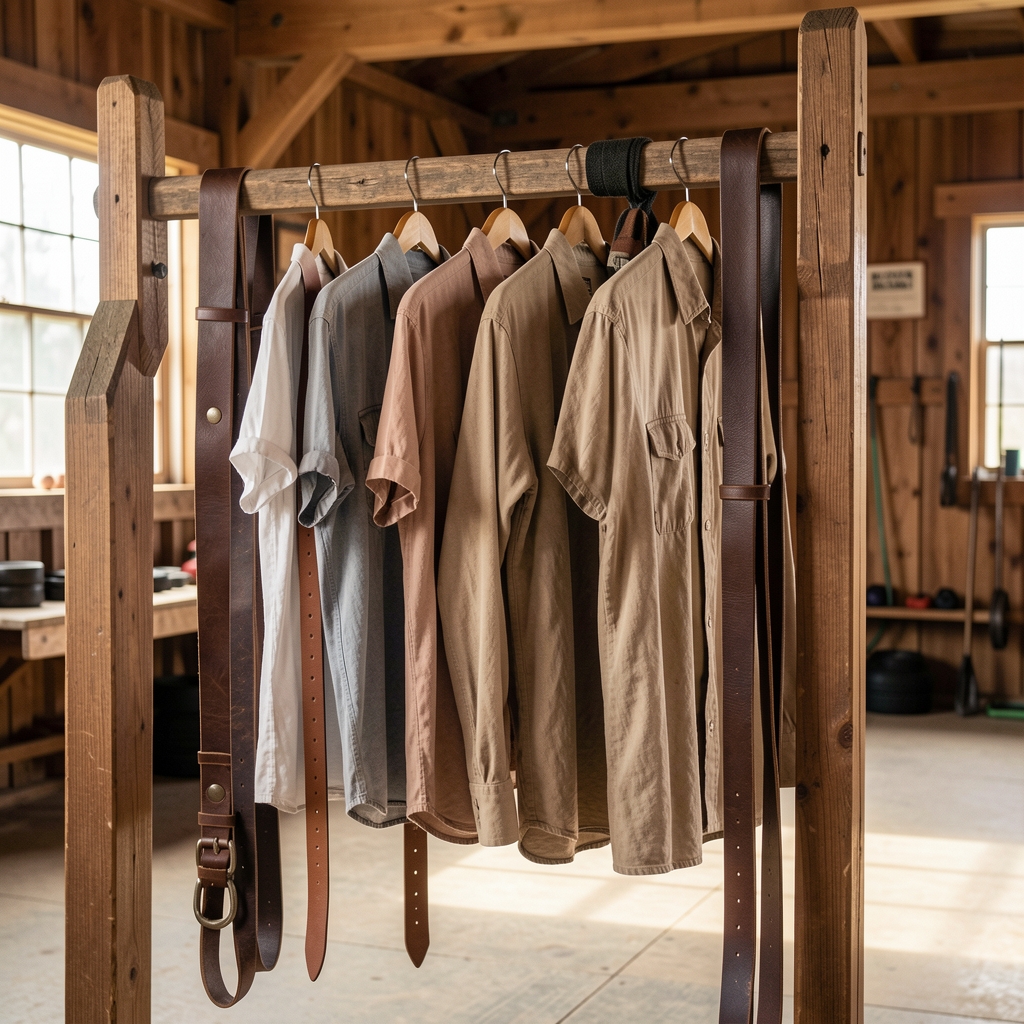 Camisas de lona y cinturones de cuero de lucha tradicional colgados de una percha de madera en un gimnasio rural