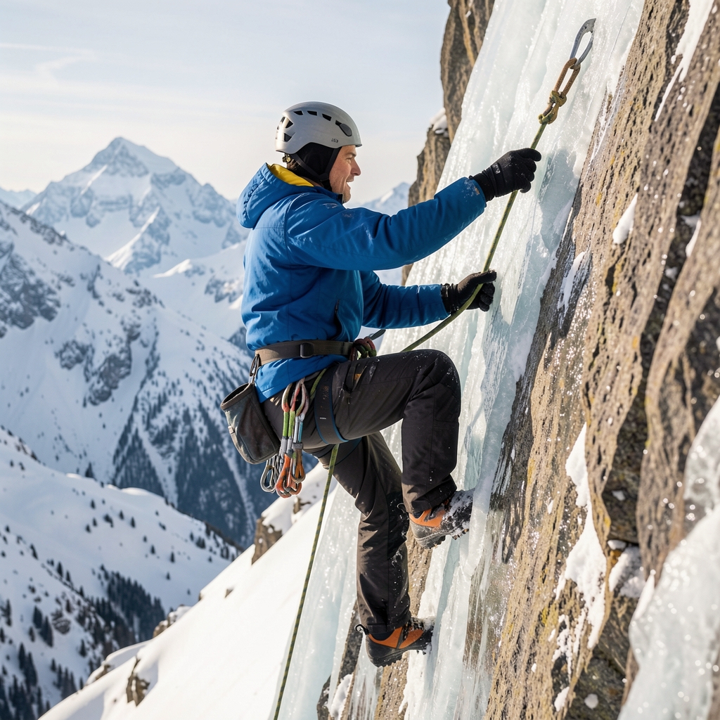 Deportista practicando escalada en hielo en los Alpes