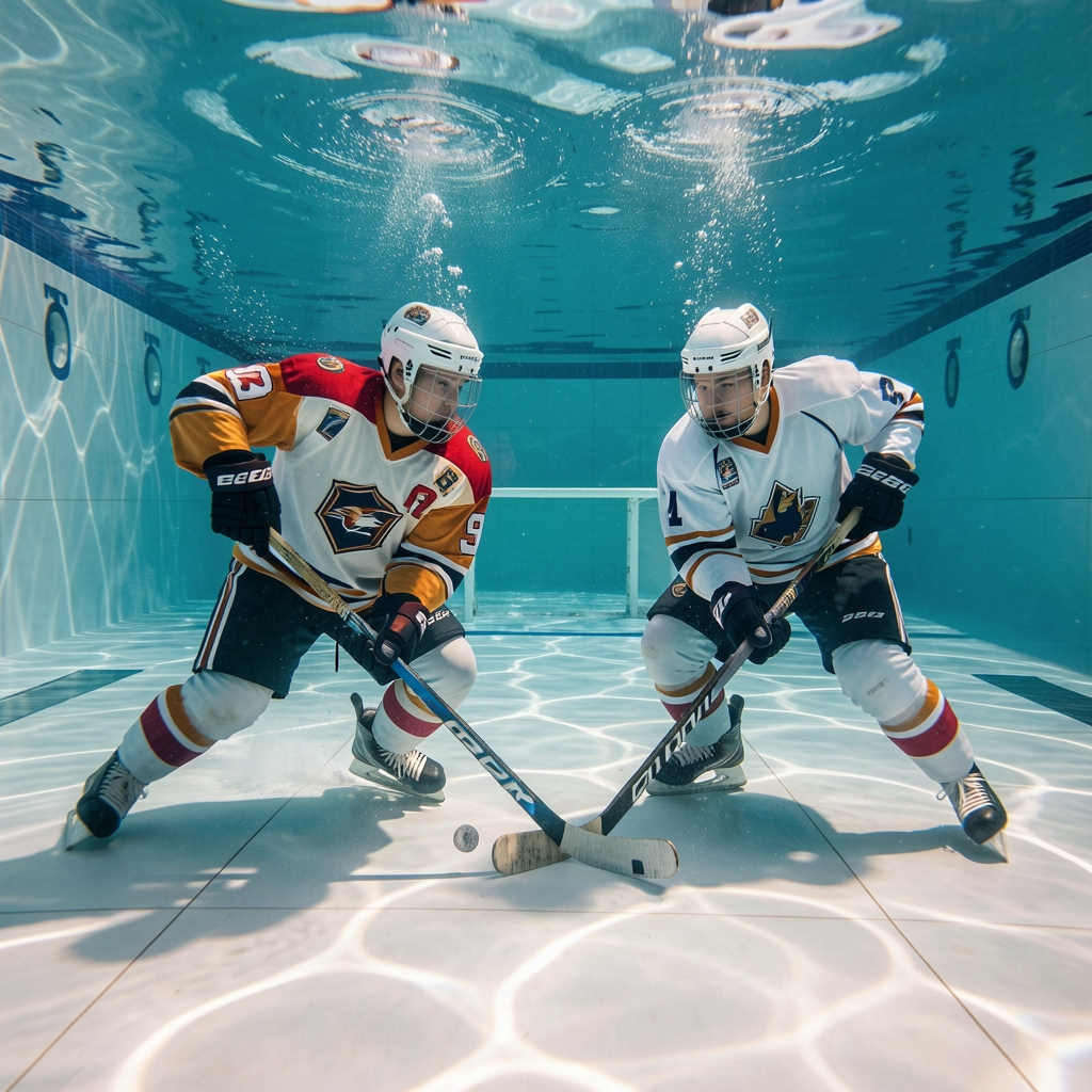 Disco de hockey subacuático en el fondo de una piscina con dos jugadores disputándolo bajo el agua