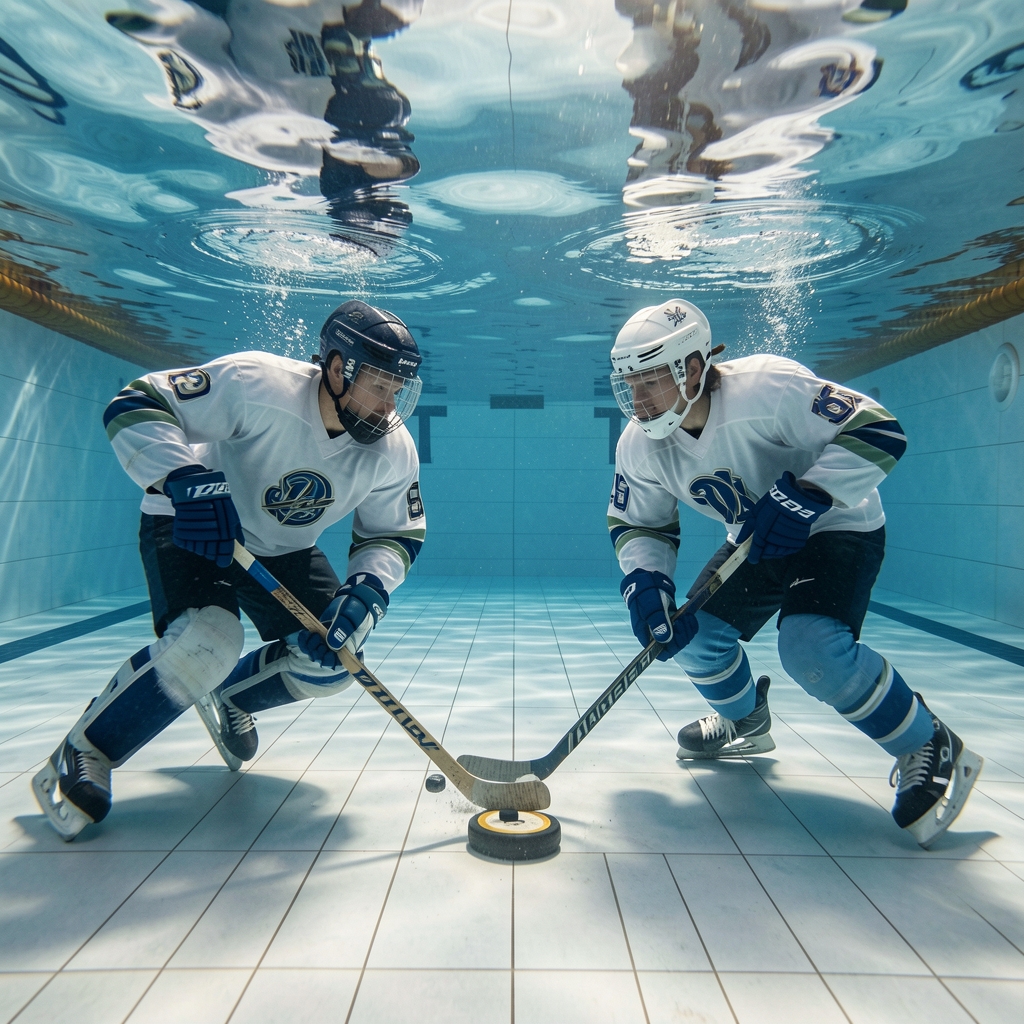 Dos equipos de hockey subacuático disputando un disco en el fondo de una piscina cubierta, vistos desde debajo del agua