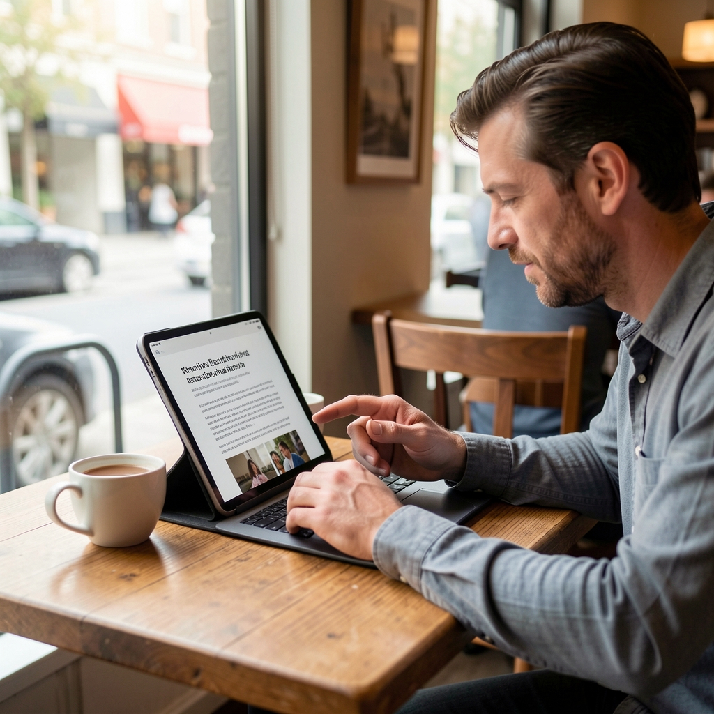 Lector consultando un artículo en una tableta apoyada en una mesa de cafetería con luz natural y una taza al lado