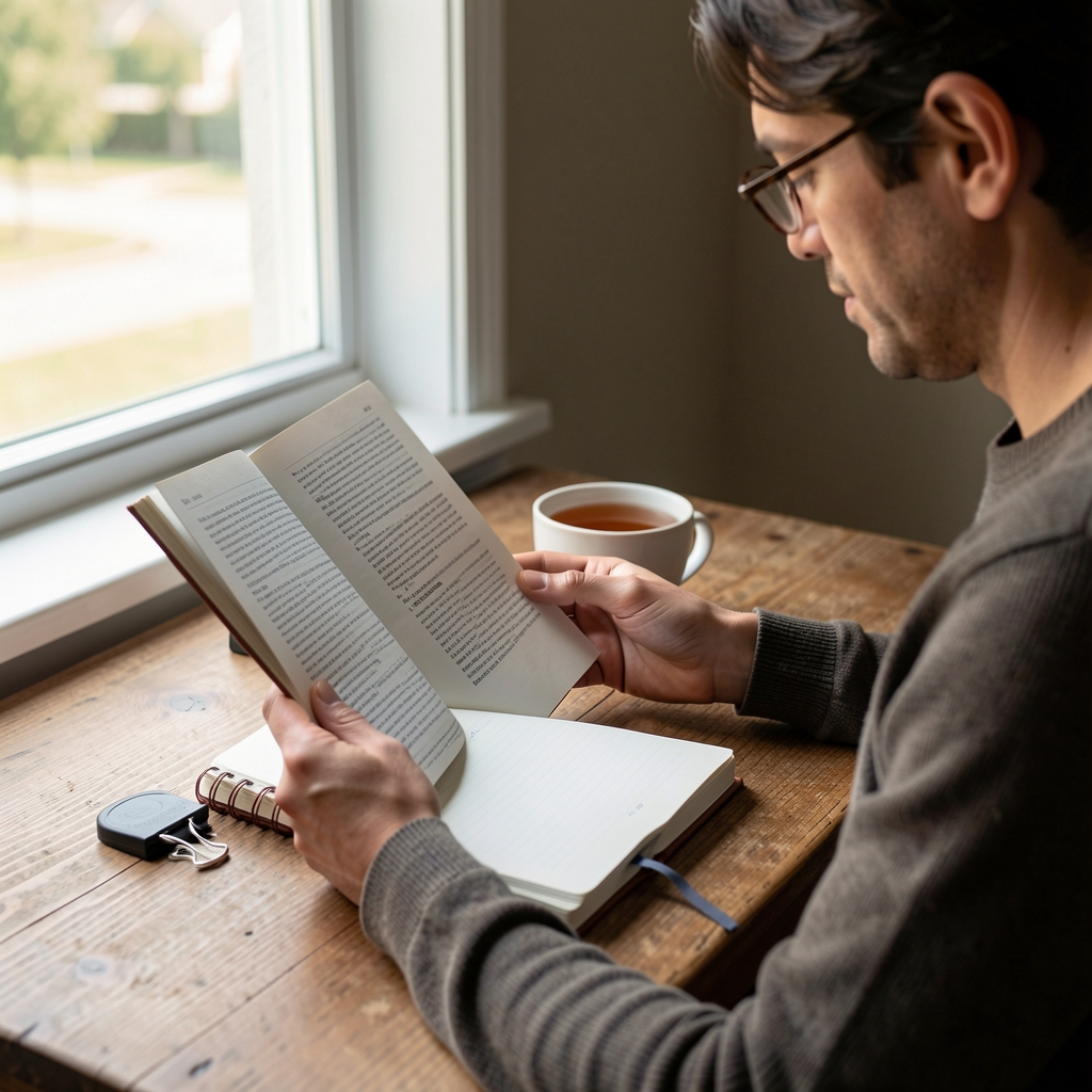 Persona leyendo una guía impresa con un cuaderno de notas y una taza de té sobre una mesa junto a una ventana