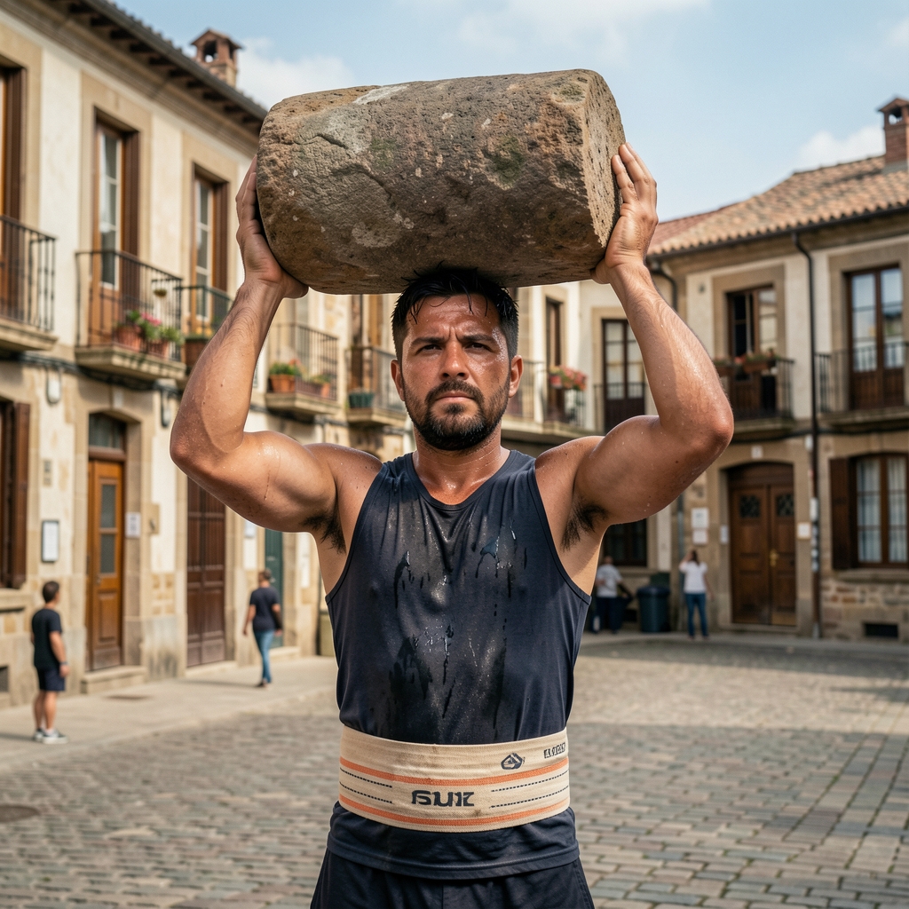Levantador de piedra con faja y camiseta sudada alzando una piedra cilíndrica sobre sus hombros en una plaza vasca