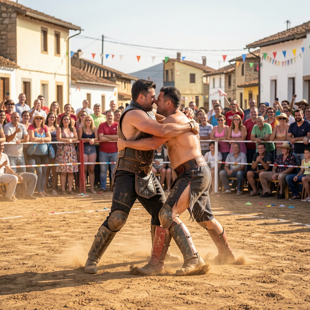 Dos luchadores de lucha leonesa agarrados en un corro de arena rodeado de público durante una fiesta de pueblo