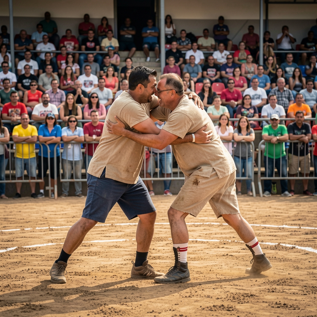 Dos luchadores de lucha leonesa con camisa de lona agarrados en un corro de arena rodeado de espectadores