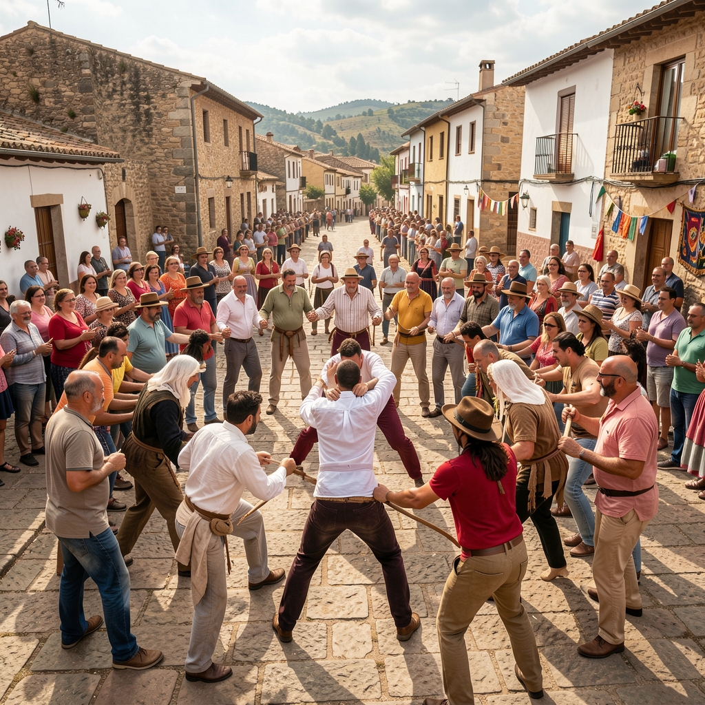 Vecinos de un pueblo de León rodeando un corro de lucha tradicional durante unas fiestas de verano