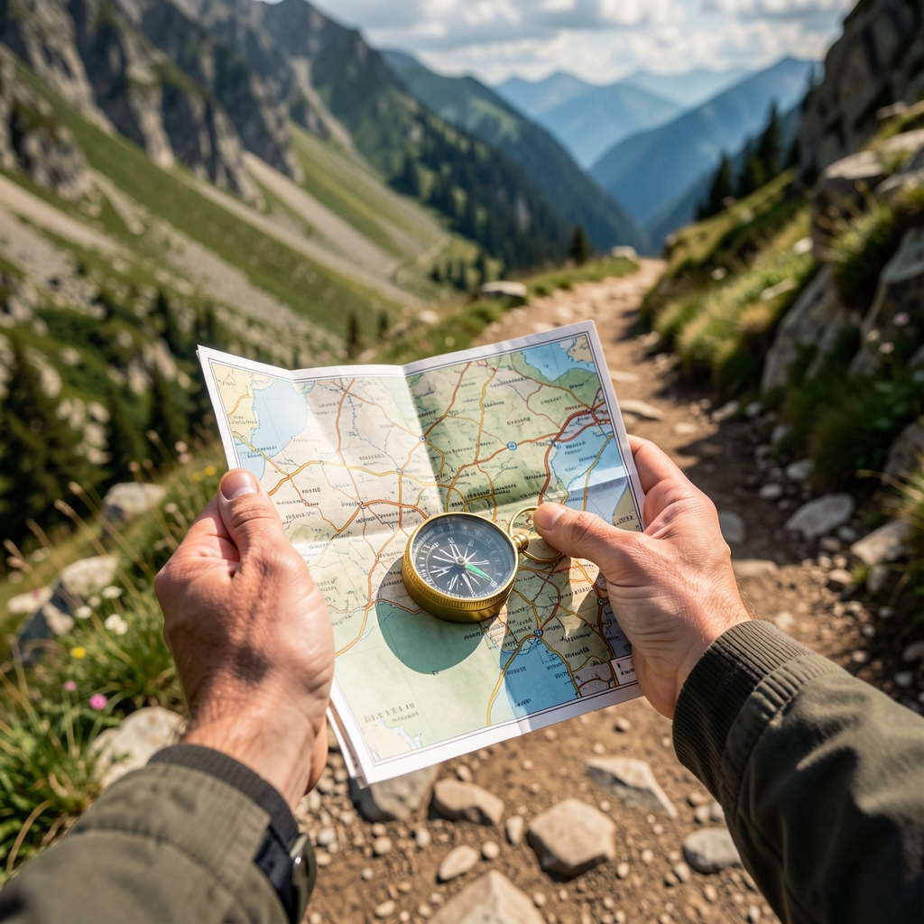 Primer plano de dos manos sujetando un mapa y una brújula de placa sobre un sendero de montaña