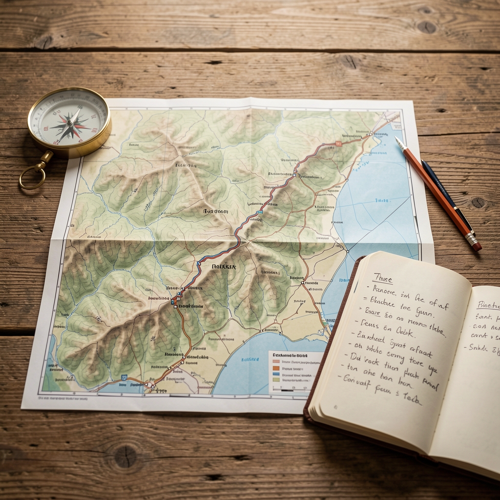 Mapa topográfico desplegado sobre una mesa de madera con brújula, lápiz y un cuaderno con anotaciones de ruta