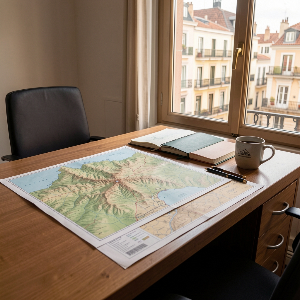 Mesa de redacción luminosa con mapas topográficos, cuadernos de campo y una taza de café junto a una ventana en Madrid