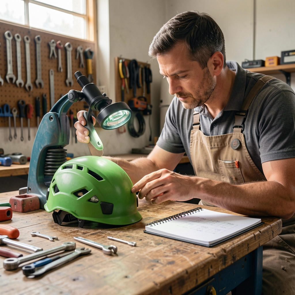Manos revisando con atención un casco de escalada sobre una mesa de taller con una lupa y una libreta de control
