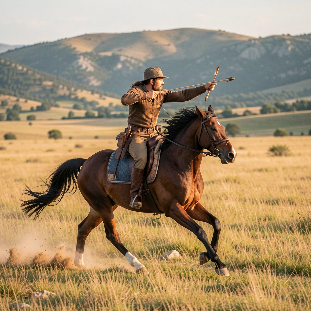 Arquera a caballo disparando una flecha al galope en una pradera abierta con colinas al fondo
