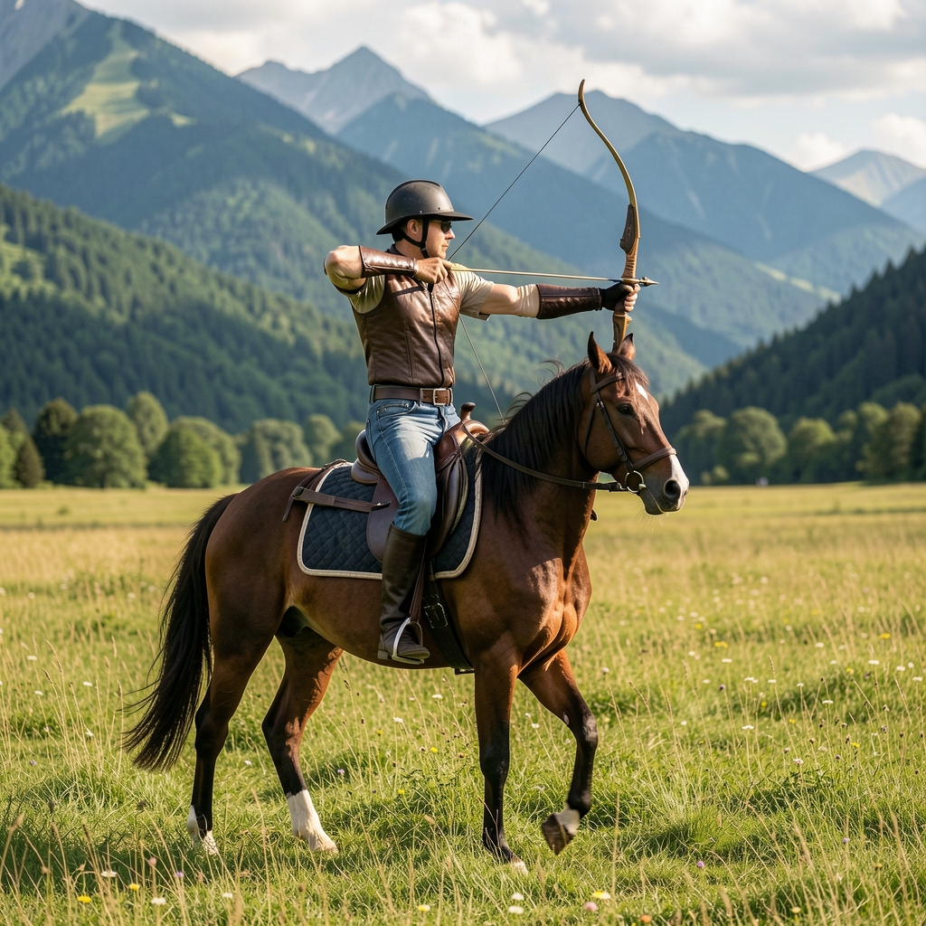 Jinete practicando tiro con arco a caballo en un prado abierto con montañas verdes al fondo