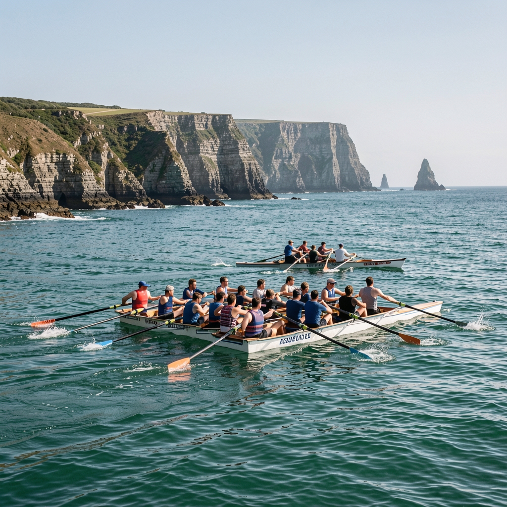 Regata de traineras con remeros sincronizados sobre aguas verdes del Cantábrico y una costa de acantilados al fondo